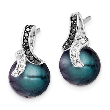 Sterling Silver Polished Black and White CZ with 9-10mm Black Imitation Shell Pearl Post Earrings — alternate view