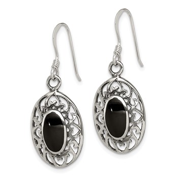 Sterling Silver Polished/Antiqued Filigree Black Agate Oval Dangle Earrings — alternate view