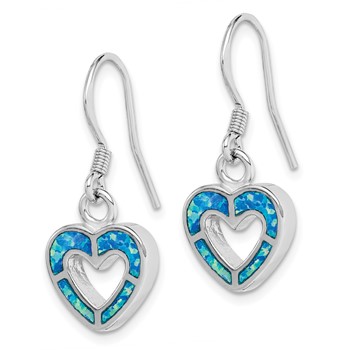 Sterling Silver RH-plated Blue Created Opal Inlay Heart Dangle Earrings — alternate view