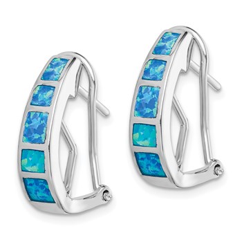 Sterling Silver Rhodium-plated Polished Blue Created Opal Inlay J-Hoop Earrings — alternate view
