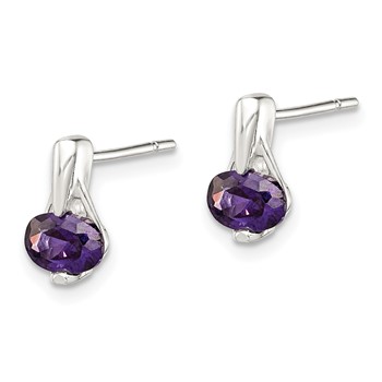 Sterling Silver Polished Oval Purple CZ Post Earrings — alternate view