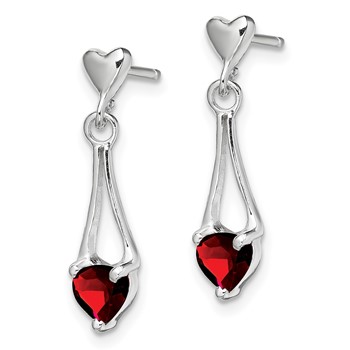 Sterling Silver Rhodium-plated Polished Garnet Heart Post Dangle Earrings — alternate view