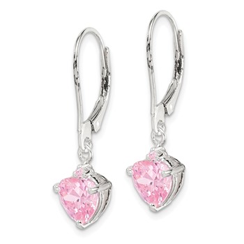 Sterling Silver Polished Pink CZ Heart Leverback Dangle Earrings — alternate view