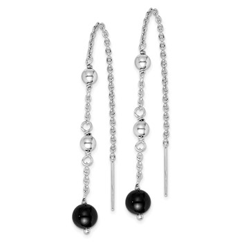 Sterling Silver RH-plated Polished & Beaded Black Onyx Threader Earrings — alternate view