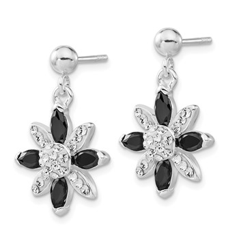 Sterling Silver Black CZ & Stellux Crystal Flower Post Dangle Earrings — alternate view