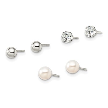 Sterling Silver Post 3pc Stellux Crystal and FWC Pearl Post Earring Set — alternate view