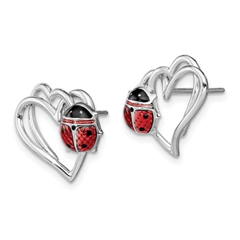 Sterling Silver Rhodium-plated Heart with Enameled Ladybug Post Earrings — alternate view
