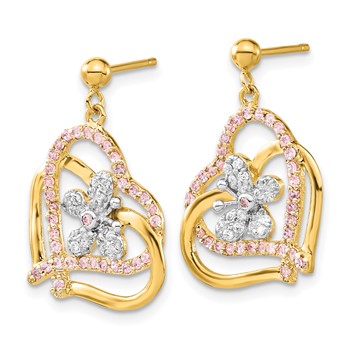 Sterling Silver & Flash Gold-plated Pink & Clear CZ Butterfly Heart Post Dangle Earrings — alternate view