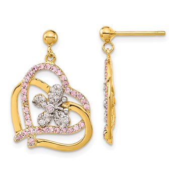 Sterling Silver & Flash Gold-plated Pink & Clear CZ Butterfly Heart Post Dangle Earrings