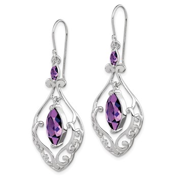 Sterling Silver Rhodium Plated Amethyst Fancy Dangle Earrings — alternate view