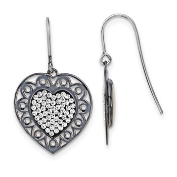 Sterling Silver & Black Ceramic Crystal Heart Dangle Earrings