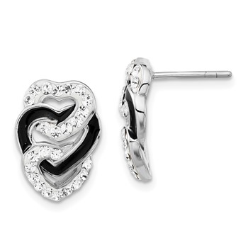 Sterling Silver Rhodium-plated Black Enamel & Stellux Crystal Tri Heart Post Earrings