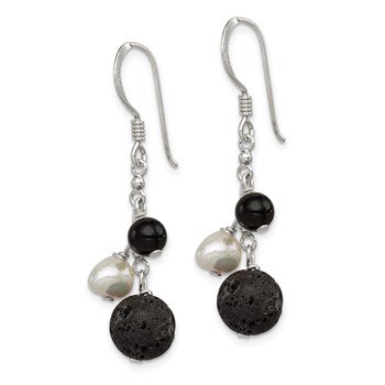 Sterling Silver Polished FWC Pearl/Black Agate/Lava Rock Dangle Earrings — alternate view