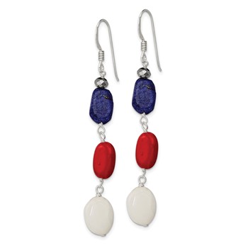 Sterling Silver Polished Red Coral/Crystal/White Jade/Lapis Dangle Earrings — alternate view