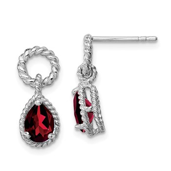 Sterling Silver Rhodium Plated Garnet Twisted Circle Post Earrings