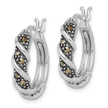 Sterling Silver Rhodium-plated Antiqued Swirl Hoop Marcasite Earrings — alternate view