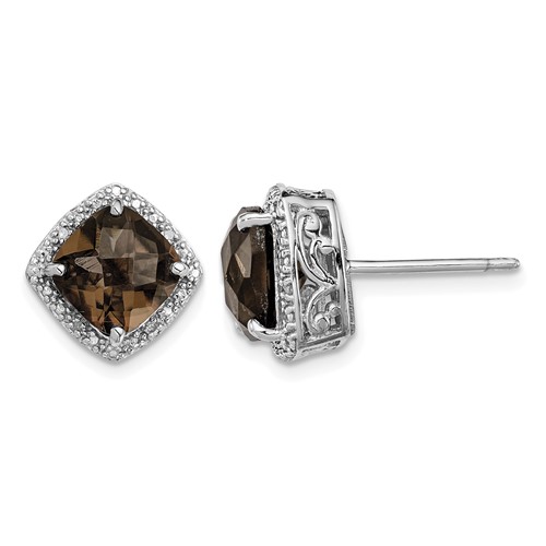 Sterling Silver Rhodium-plated Smoky Quartz and Diamond Earrings