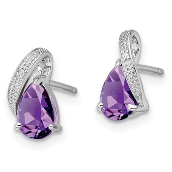Sterling Silver Rhodium Plated Diamond and Amethyst Post Earrings — alternate view