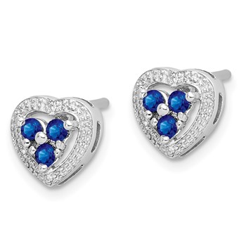 Sterling Silver Rhodium Plated Diamond & Sapphire Heart Earrings — alternate view