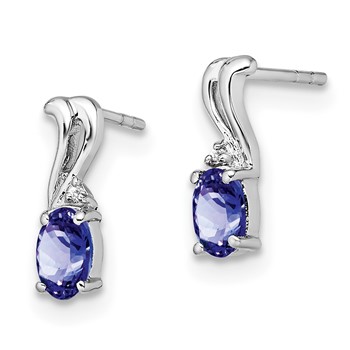 Sterling Silver Rhodium Plated Diamond & Tanzanite Oval Post Earrings — alternate view