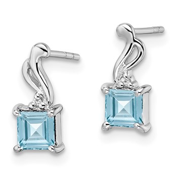 Sterling Silver Rhodium Plated Diamond and Blue Topaz Square Earrings — alternate view