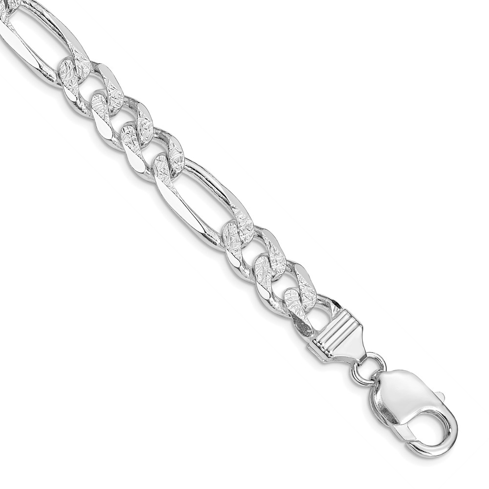 Sterling Silver Rhodium-plated 9.5mm Pavé Flat Figaro Chain