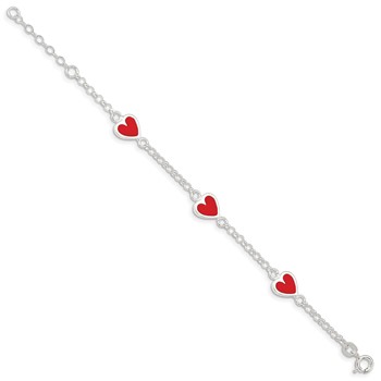 Sterling Silver Polished & Red Enamel Heart w/ 1in ext Children's Bracelet — alternate view