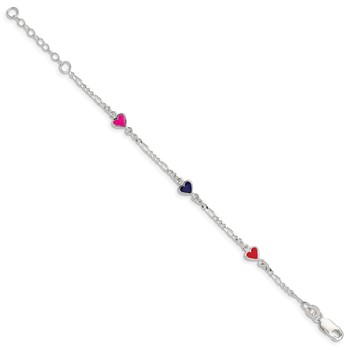 Sterling Silver Polished & Multi-color Enameled Hearts with 1 Inch Extension Children's Bracelet — alternate view