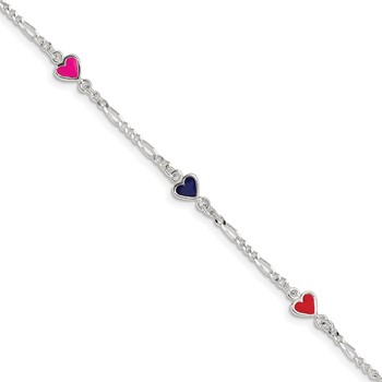 Sterling Silver Polished & Multi-color Enameled Hearts with 1 Inch Extension Children's Bracelet