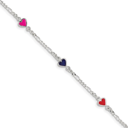 Sterling Silver Multi-color Enameled Hearts w/ 1in ext Children's Bracelet