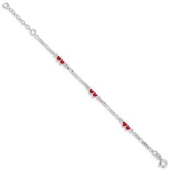 Sterling Silver Polished & Red Enameled Double Heart with 1 Inch Extension Children's Bracelet — alternate view