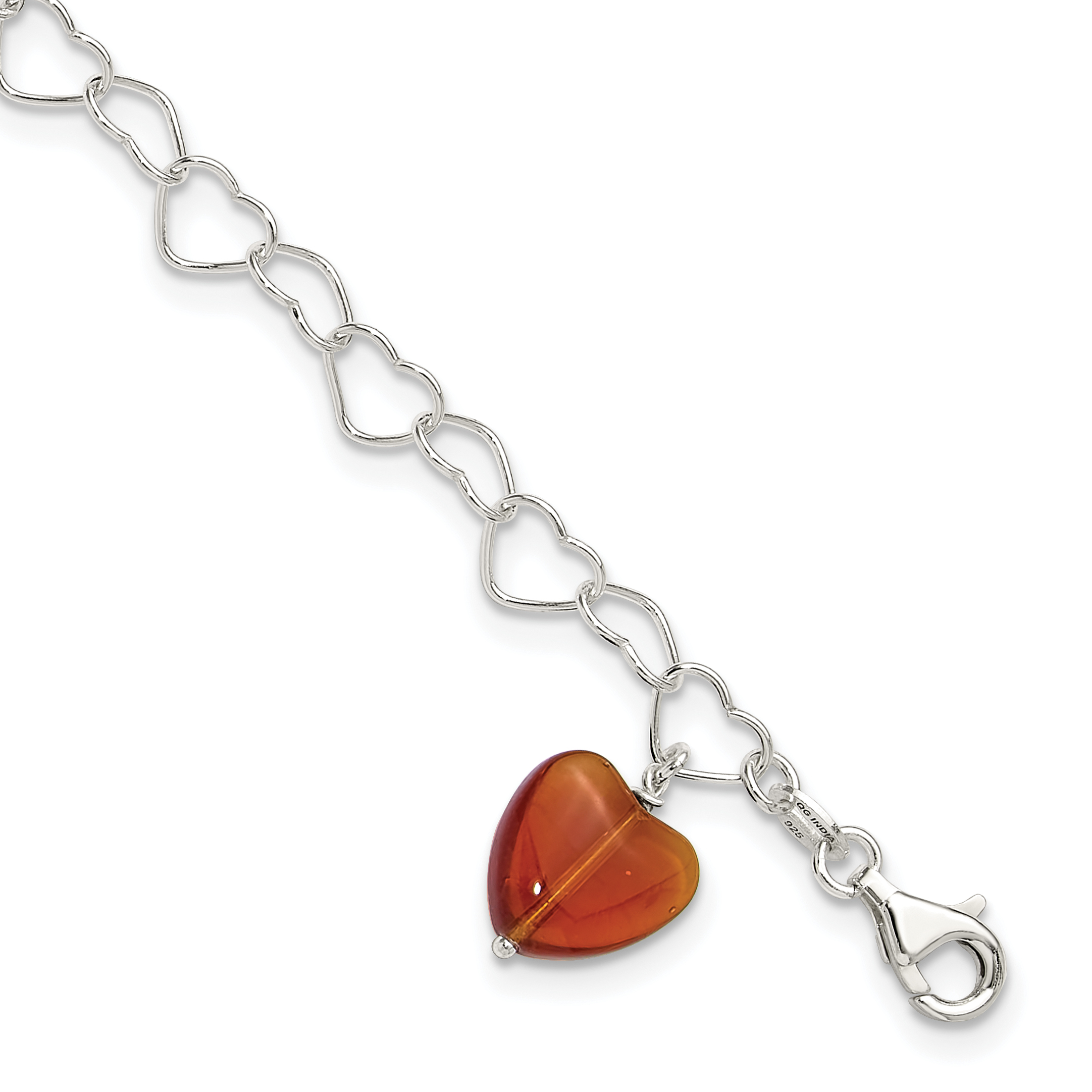 Sterling Silver Link Orange Synthetic Crystal Stone Heart Anklet