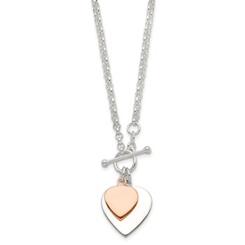 Sterling Silver w/Rose gold-plat Engraveable Double Heart Toggle Necklace — alternate view
