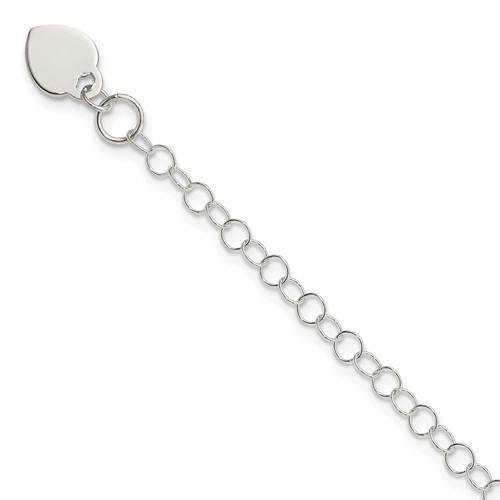 Sterling Silver Round Link with Heart Dangle Charm 6 Inch Bracelet