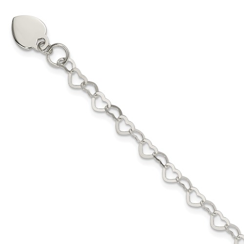 Sterling Silver Fancy Heart Link with Heart Dangle Charm 6 Inch Bracelet
