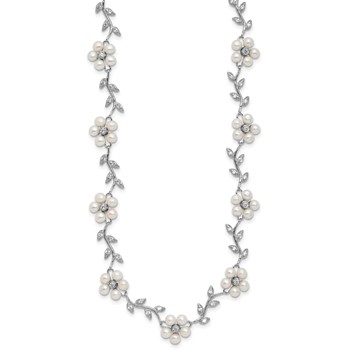 Sterling Silver Rhodium-plated CZ Vine Pattern and Fresheater Cultured Pearl Floral 16 inch Necklace — alternate view