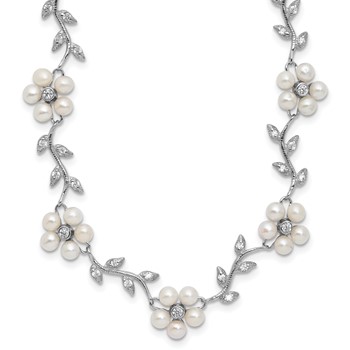 Sterling Silver Rhodium-plated CZ Vine Pattern and Fresheater Cultured Pearl Floral 16 inch Necklace