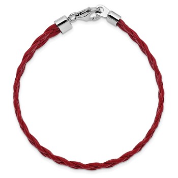 Sterling Silver Rhodium Plated Red Braided Leather 7 inch Bracelet — alternate view