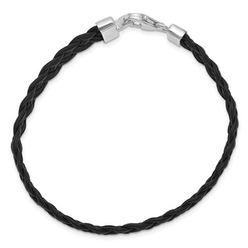 Sterling Silver Rhodium-plated Black Braided Leather Bracelet — alternate view