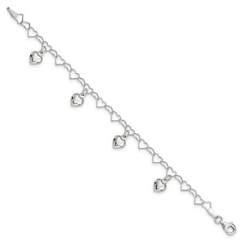 Sterling Silver Polished Dangling Heart Children's Bracelet — alternate view
