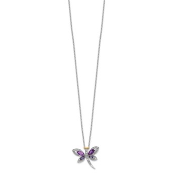 Brilliant Gemstones Sterling Silver with 14K Accent Rhodium-plated Amethyst/Iolite/Diamond Dragonfly18 Inch Necklace with 2 Inch Extender — alternate view