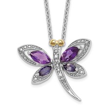 Image of Brilliant Gemstones Sterling Silver with 14K Accent Rhodium-plated Amethyst and Iolite and Diamond Dragonfly 18 Inch Necklace with 2 Inch Extender