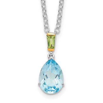 Brilliant Gemstones Sterling Silver with14K Accent Rhodium-plated Sky Blue Topaz and Peridot 18 Inch Necklace with 2 Inch Extender