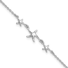 Image of Sterling Silver Rhodium-plated 10in w/1in ext Three Stars Anklet