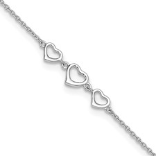 Image of Sterling Silver Rhodium-plated 10 in Plus1 in ext Three Hearts Anklet