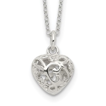 Sterling Silver Polished Puffed Filigree Heart 18 inch Necklace