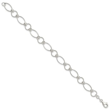 Sterling Silver Polished Textured Fancy Circle and Oval Link Bracelet — alternate view