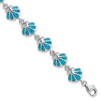 Sterling Silver Rhodium-plated 7in Created Blue Opal Inlay Shell Bracelet