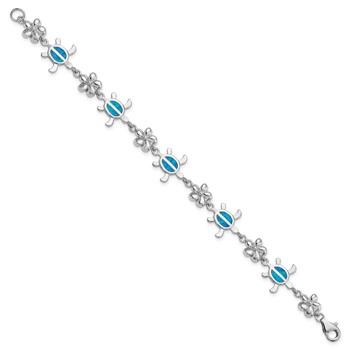 Sterling Silver Rhodium-plated Polished 7 inch Created Blue Opal Tortoise with Flower Bracelet — alternate view