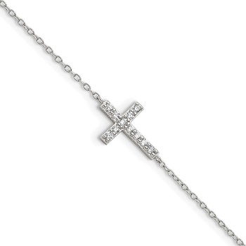 Sterling Silver Rhodium-plated CZ Sideways Cross w/1in Ext Bracelet